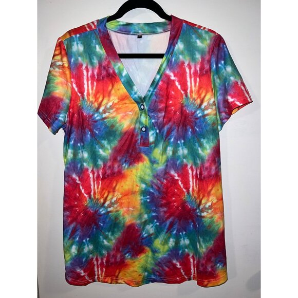 Tie-Dye V-Neck Button-Detail Short Sleeve T-Shirt XL - Picture 1 of 4